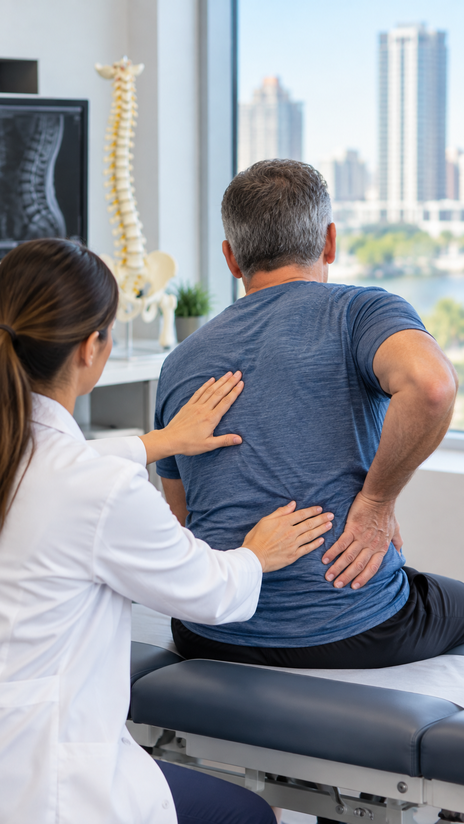 Physiatrist examining patient back